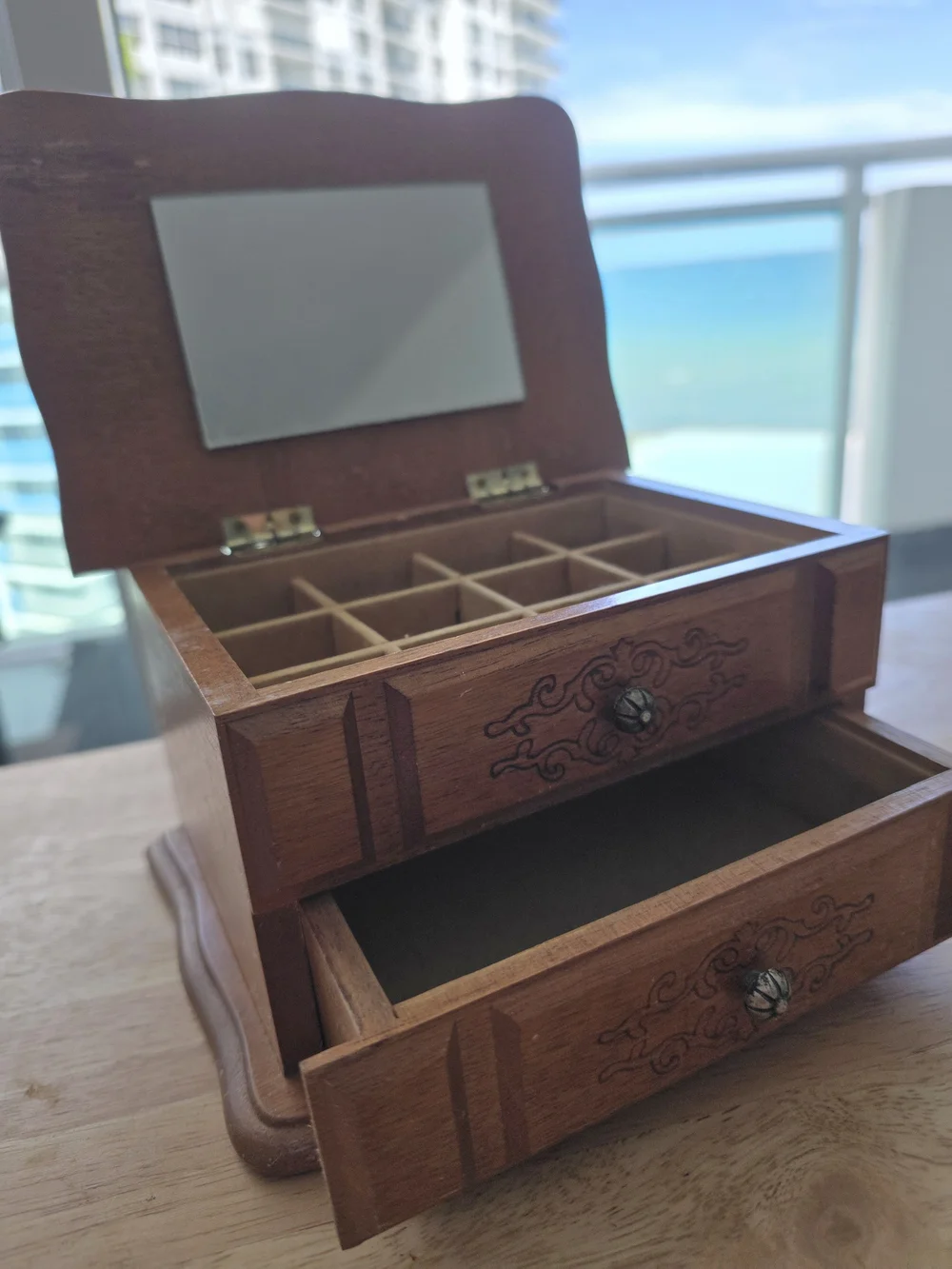 Vintage Brown Wooden Jewelry Organizer with Mirror